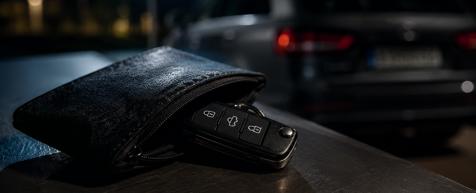 Car key fob and cover on a car's console at night.